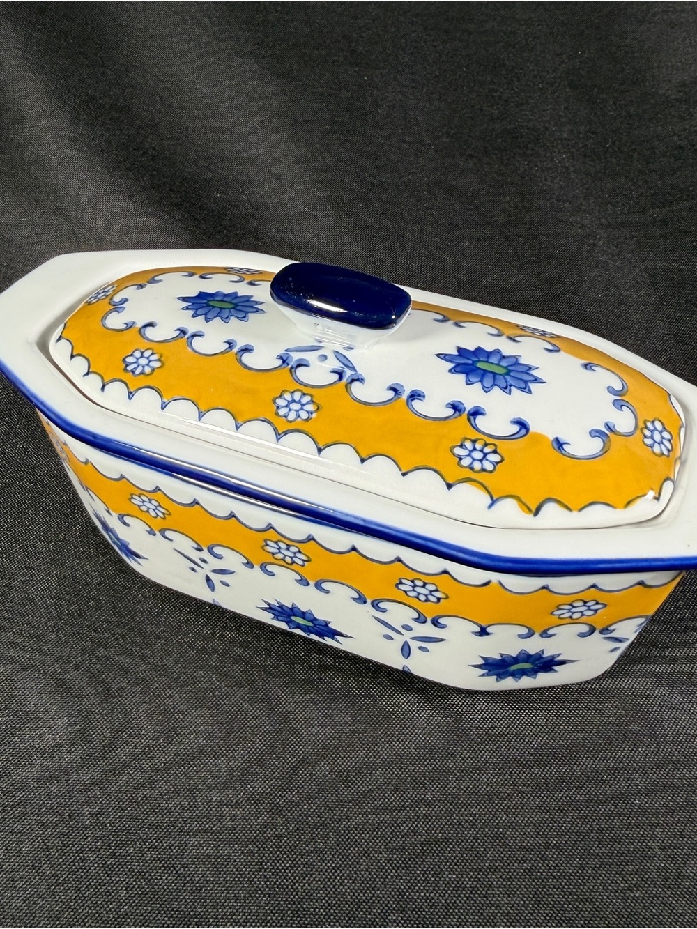 Butter Boat, Yellow and Blue Floral Porcelain Covered Serving Dish
